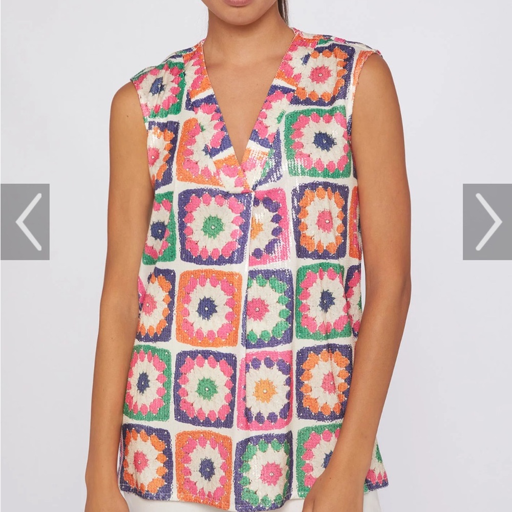 Vilagallo Sleeveless V-Neck Sequin Patchwork Print Top - Multicolor